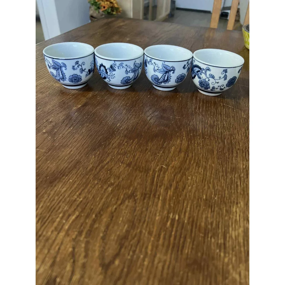 Pier 1 Imports Hand Painted Porcelain Tea Cups Set X4 Blue White Floral Asian